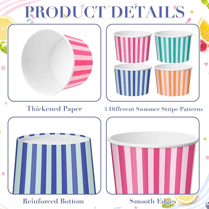 CHENGU 60 Pcs 9 oz Summer Striped Paper Snack Cups Disposable, Colorful - Image 5