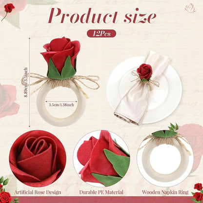 Flower Napkin Rings Set of 12 Wooden Red Rose Handmade Napkin Holders - Image 2