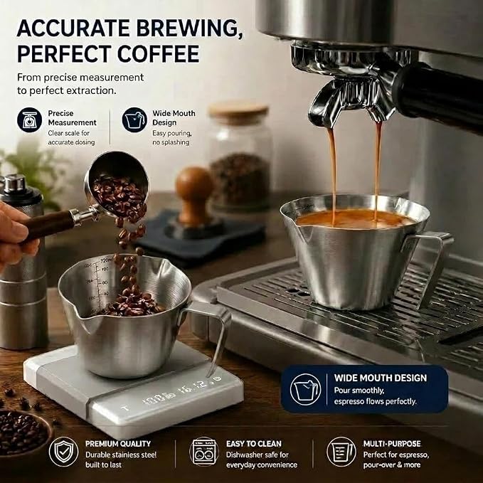 2Pc Espresso Measuring Cups, Double Spouts Stainless Steel, Sliver | Espresso - Image 4