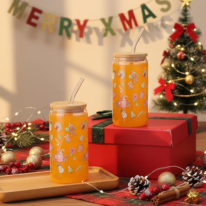 Sliner 2 Pcs Gingerbread Glass Cups Summer Christmas Tumbler - Image 2