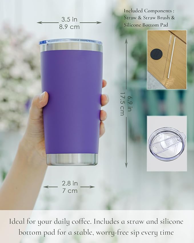 20oz Travel Coffee Tumbler 8 Pack, Lids and Straws, Stainless Steel | Double - Image 3