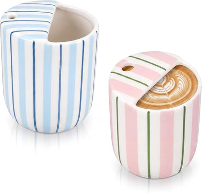 2 Pack Ceramic Mug with Sip Hole 10 oz Stripes Pattern Espresso Cup Coffee Mug by Ferrochef