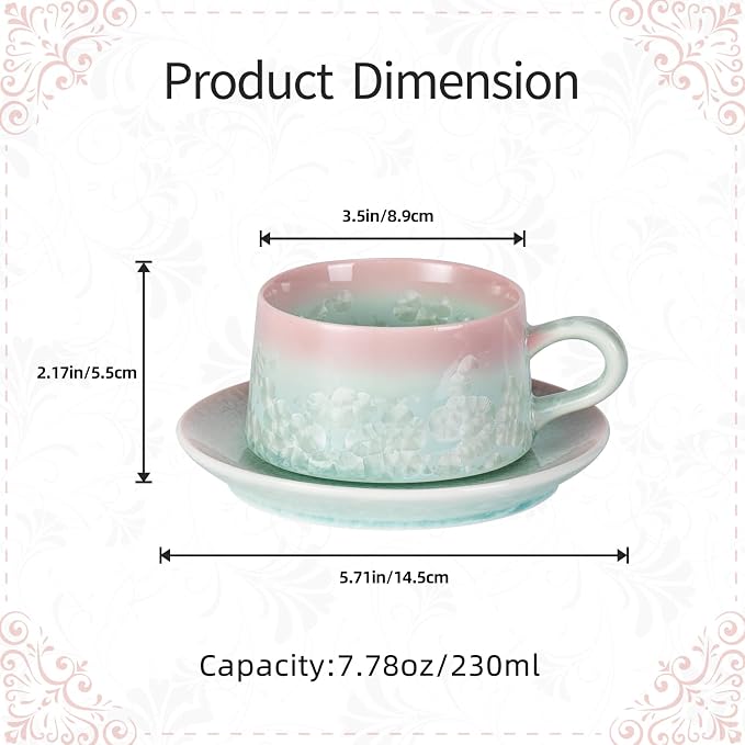 KAMMAK Tea Cups and Saucers Set of 2, 7.7 oz Glaze Coffee Mugs, JX001 | - Image 2