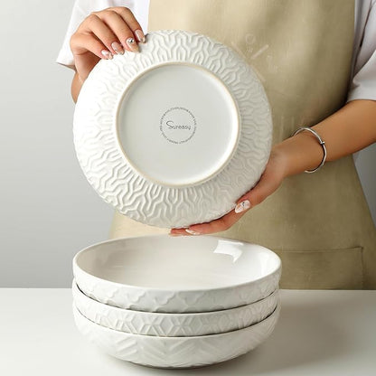 Sureasy Pasta Bowls Set of 4-30oz Large Ceramic Embossed Bowl Plates, 8.5 Inch Wide and Shallow Plate Bowls, Salad Bowl, Microwave, Oven & Dishwasher Safe, White