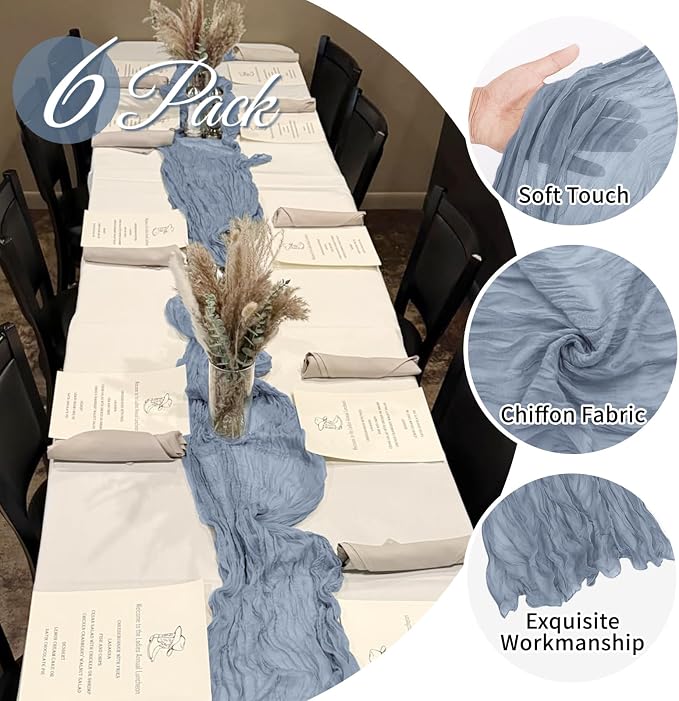6 Pack Dusty Blue Cheesecloth Table Runner 20 x 120 Inch Gauze Table Runner - Image 3