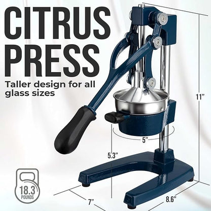 Zulay Kitchen Cast Iron Juicer - Easy-to-Clean Heavy-Duty Manual Juicer, Professional Citrus Juicer - Stainless Steel Lemon Squeezer - Manual Citrus Press & Orange Squeezer - Orange Juicer – Navy