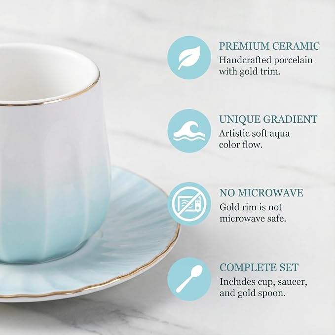 Ceramic Espresso Cups and Saucers Set of 4, 7oz Porcelain Cups - Image 4