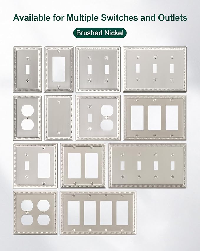 2-Pack Triple Decorator Outlet Cover Plate, Brushed Nickel Pearls Decorative Switch Plates and Outlet Covers, Metal Wall Plates for Electrical Outlets.