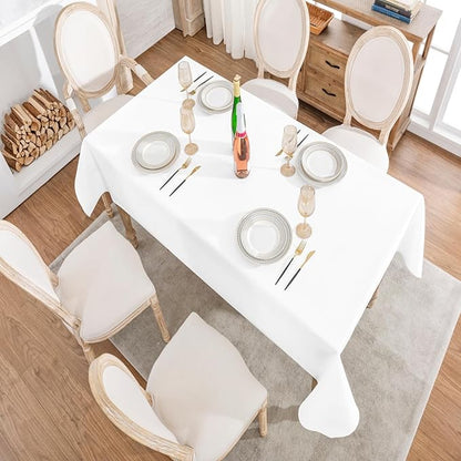 Rectangle 8 Feet Tablecloth 60x120 inch Linen Textured Table Cloth Stain and Wrinkle Resistant Washable Polyester, Decorative Table Cover Waterproof for Dining, Buffet and Camping, White