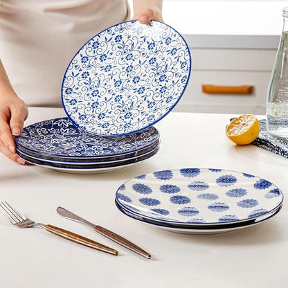 Ceramic Salad Plates Set - 8.5 Inch Small Round Dessert Dishes for Kitchen Dinner Pasta Appetizer Sandwich - Scratch Resistant Porcelain Microwave Oven Dishwasher Safe - Set of 6 - Vintage Blue