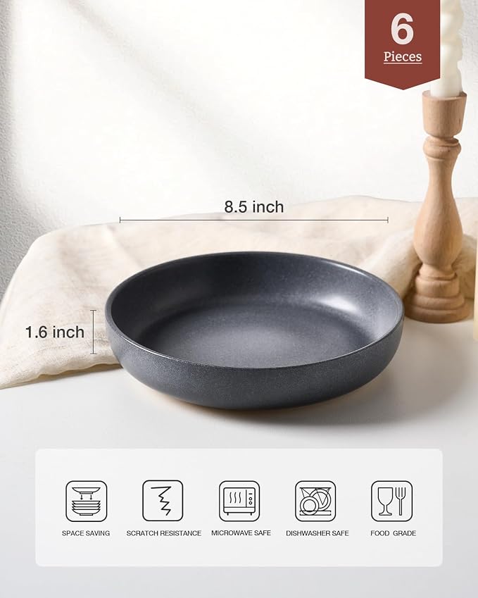 famiware Milkyway 33 oz Pasta Bowls Set of 6, Matte Dark Charcoal | Double - Image 2