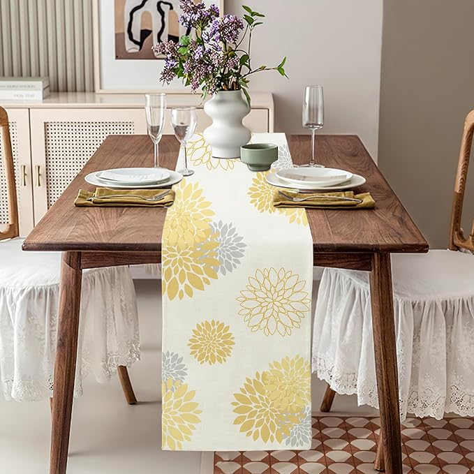 Yellow Gray Table Runner Dahlia Pinnata Flower Beige Table Runners Modern - Image 2