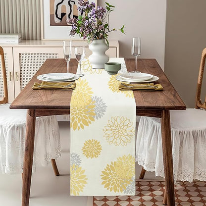 Yellow Gray Table Runner Dahlia Pinnata Flower Beige Table Runners Modern - Image 2