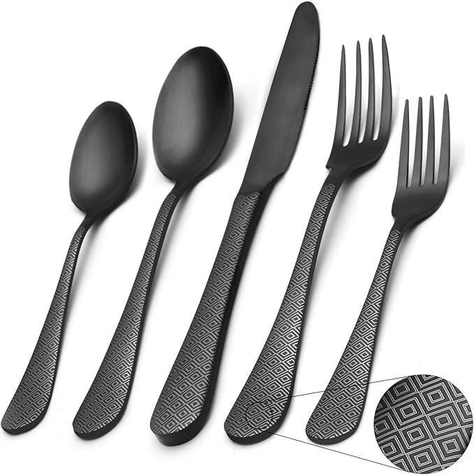 Matte Black Silverware Set, Satin Finish 20-Piece Stainless Steel Flatware Set by Sharecook
