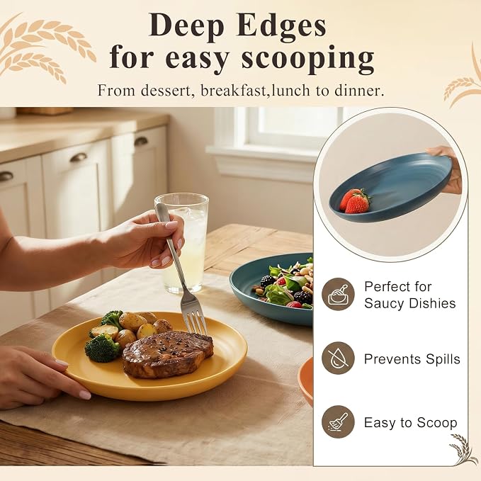 Wheat Straw Plate 8 Inch, Unbreakable Dinner Plates Set of 8, Microwave & - Image 5