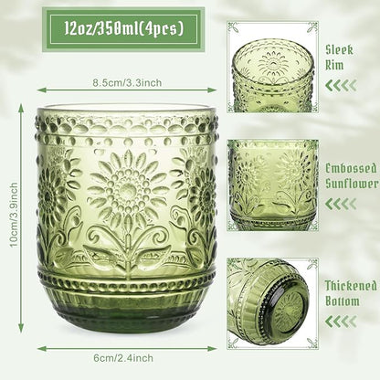 Topsky Vintage Drinking Glass Set of 4,12 oz Embossed Floral Drinkware Set,Green Drinking Glasses Cups Wine Glasses Colored Glassware for Whisky,Beer,Juice,Cocktail,Heavy Duty