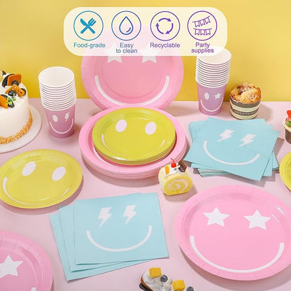 Kochorie 96 Piece Preppy Smiley Face Party Paper Plates Preppy Smile Face Party Decorations Preppy Tableware Set Paper Smile Face Plates Cups Napkins Cutlery Serve 24 Guest for Birthday or Baby Shower