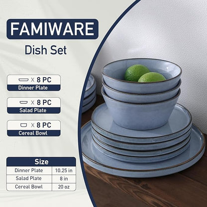 Famiware Plates and Bowls Sets, Annecy Stoneware Dinnerware Sets for 8, 24 Pieces Dish Set, Plate with Lip Edge, Reactive Glaze Tableware - Microwave & Dishwasher Safe, Reactive Blue