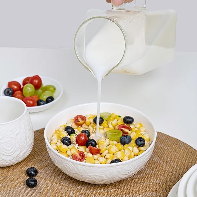 Porcelain Cereal Bowls Set of 4, 26 oz – 6.5" Wide White Floral Embossed - Image 4