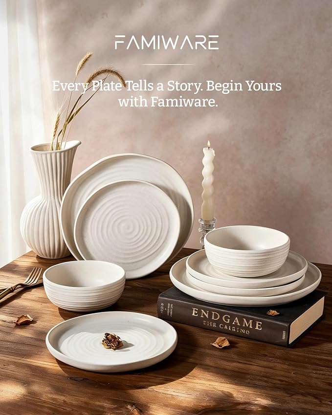 Famiware Pluto 12-Piece Stoneware Dinnerware Set, Matte Beige White | Double - Image 7