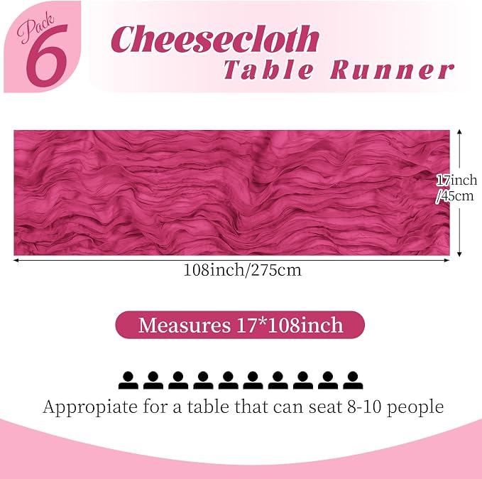 6 Pack Hot Pink Cheesecloth Table Runner, 17 x 108 Inch, Gauze Cheese Cloth - Image 2