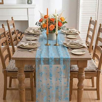 Artoid Mode Light Blue Gauze Flocking Flowers Table Runner 10FT, Spring Sheer - Image 2