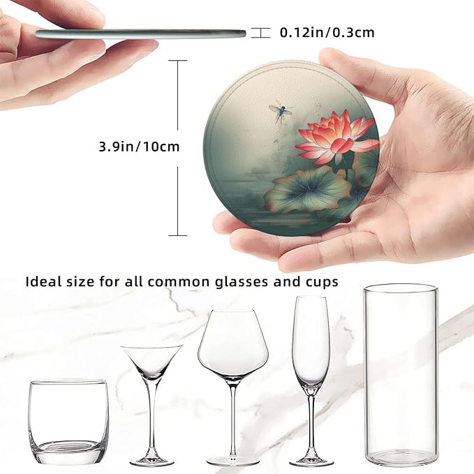 6Pcs PU Leather Coaster for Drinks, Lakeside Flower and Dragonfly Cup Coasters - Image 2