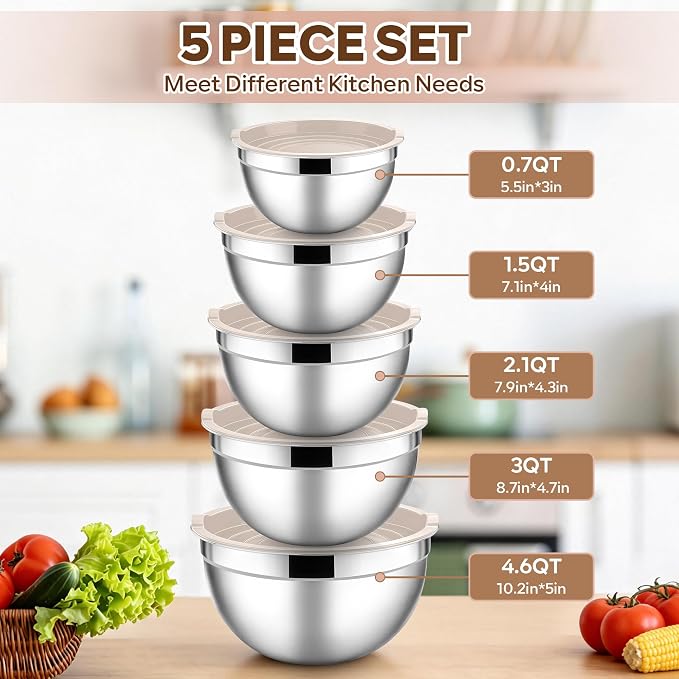 E-far Mixing Bowls With Lids Sets of 5, 10-Piece Stainless Steel Salad Metal - Image 2