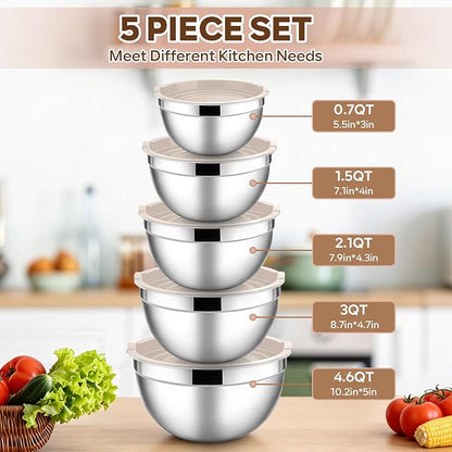 E-far Mixing Bowls With Lids Sets of 5, 10-Piece Stainless Steel Salad Metal - Image 2