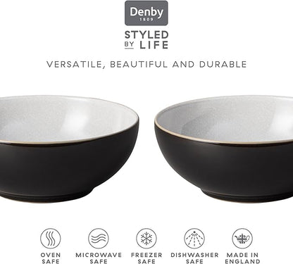 Denby - Elements Black Cereal Bowls Set of 4-28oz Everyday Soup, Dessert Bowls - Contemporary Design With Black Detail - Dishwasher & Microwave Safe Ceramic Stoneware Tableware - Scratch Resistant