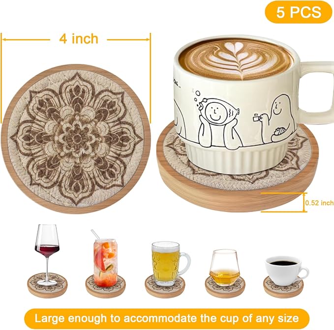 Wood Coasters for Drinks, Eykao Absorbent Coaster Sets of 5, Woven Drink - Image 6