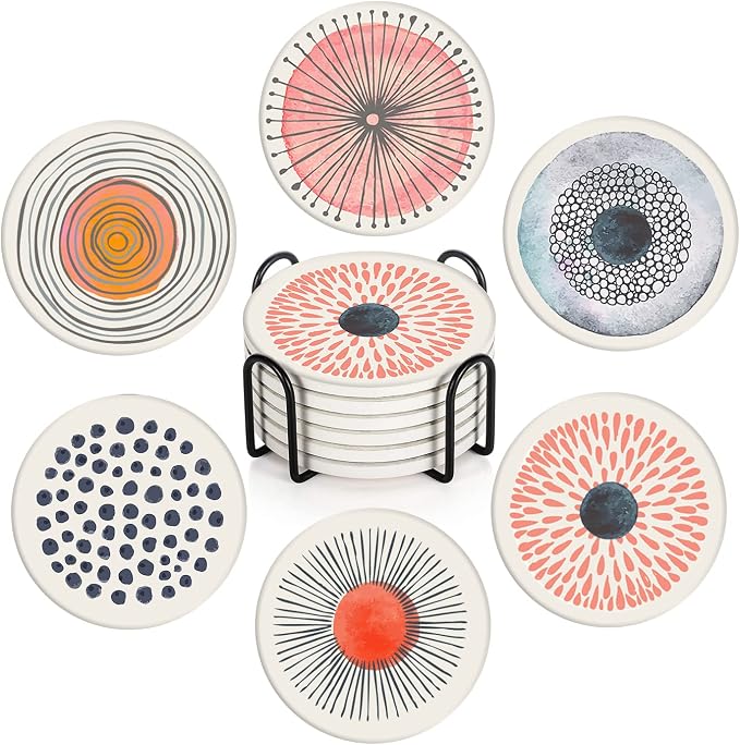 Coasters for Drinks, Ceramic Stone, Flower Circles | Watercolor Doodle by Britimes