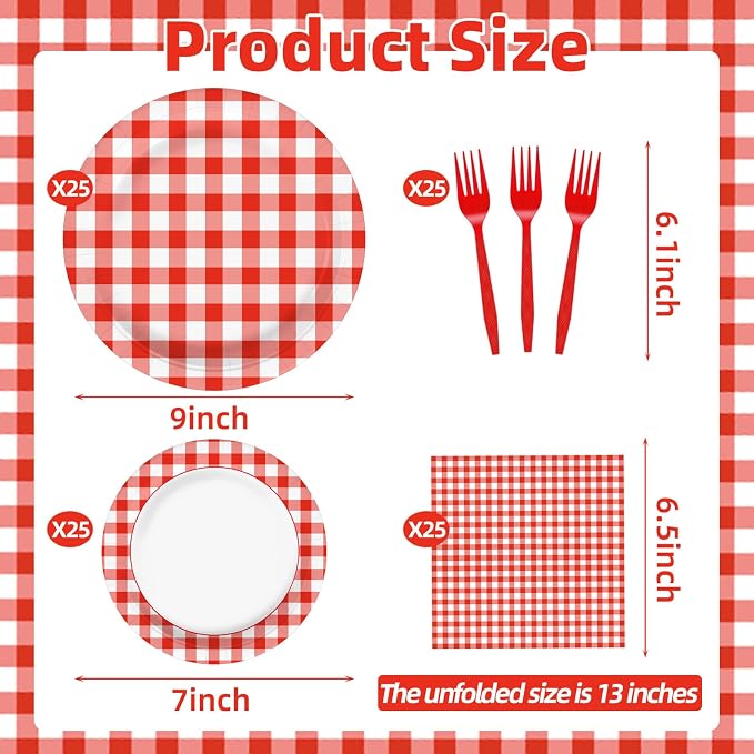 100 Pcs Red White Gingham Party Supplies Set, Serves 25 – Disposable Checkered - Image 2