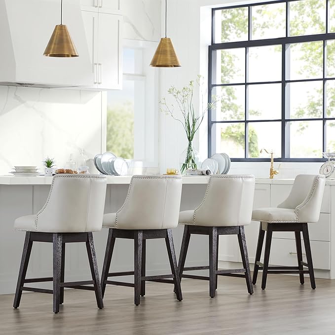 CHITA Counter Height Swivel Bar Stools Set of 2, FSC Certified Upholstered Counter Stools, Modern Swivel Barstools with Wood Legs for Kitchen Island, 26" Seat Height, Faux Leather in Creamy Grey