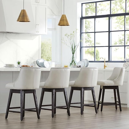 CHITA Counter Height Swivel Bar Stools Set of 2, FSC Certified Upholstered Counter Stools, Modern Swivel Barstools with Wood Legs for Kitchen Island, 26" Seat Height, Faux Leather in Creamy Grey