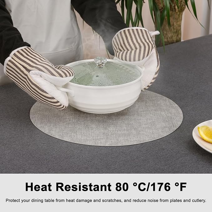 Myir JUN Reversible Vinyl Round Placemats Set of 4, Faux Leather Place Mats Dual Sided Waterproof Wipeable, Heat-Resistant Table Mats for Kitchen Dining Indoor Outdoor (14", Light Gray Cream-White)