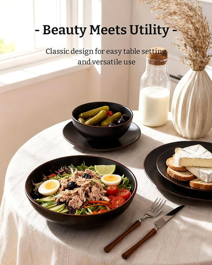 Famiware Venus Speckled Dinnerware Set with Pasta Bowls, Service for 4 (16 Pieces), Stoneware Plates and Double Bowls Sets, Microwave & Dishwasher-Safe Dishes with Trim, Matte Black