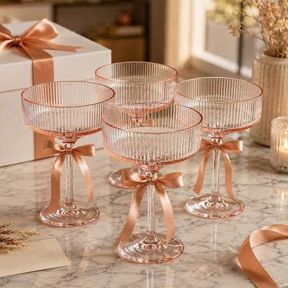 Khen Pink Peach Acrylic Ribbed Coupe Martini Champagne Cocktail Glasses - Image 7
