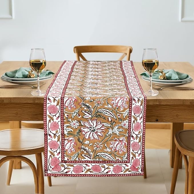 Biscotti Yellow Hand Block Print 100% Cotton Reusable Table Runner 16" X 106" by Ridhi