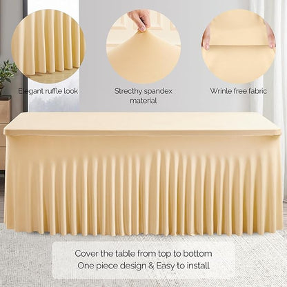Wish Care 2 Pack Champagne Spandex Table Clothes for 6 Foot Rectangle Tables, 6FT Wrinkle Free Fitted Tablecloths Ruffles Design Table Cover for Party, Banquet, Wedding and Events
