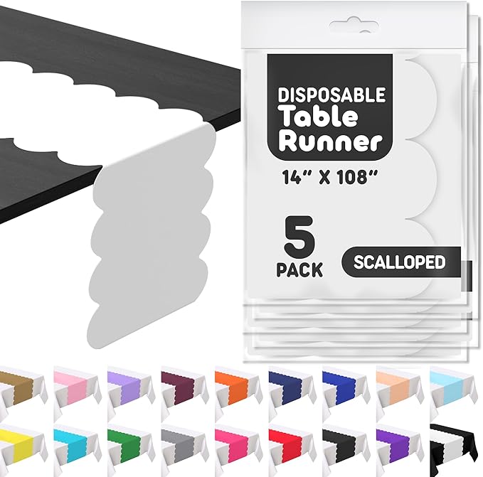 White Scallop Table Runner, Disposable Plastic, 5 Pack by Swanoo