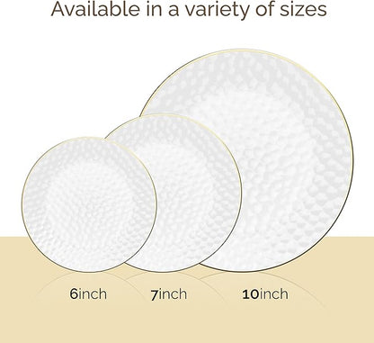 R-kay 100 Pack 7 Inch Clear Plastic Plates - Hammered Gold Rimmed Sturdy, Durable And Extra Heavy duty Gold Plastic Dessert, Appetizer Plates Disposable For All Occasions