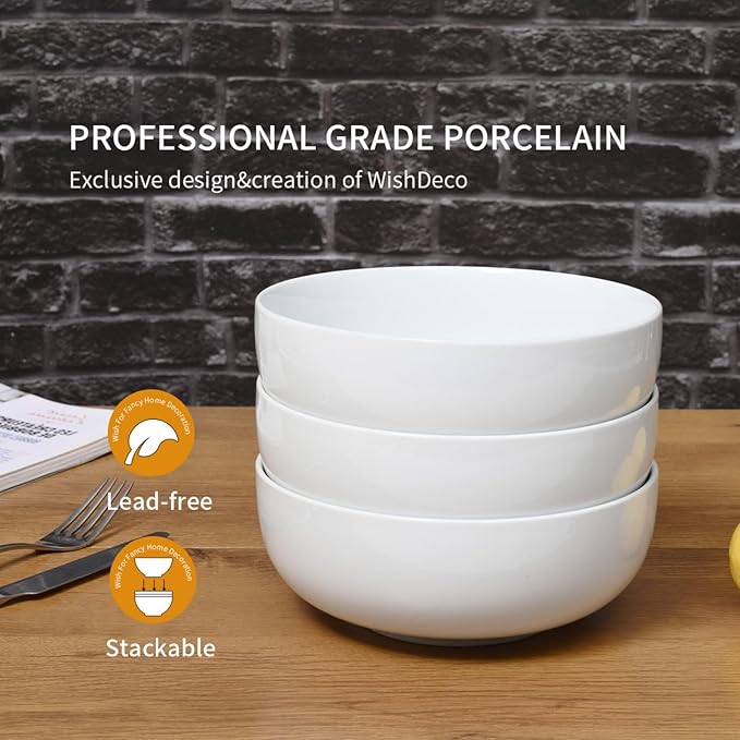 Large Soup Bowls Set of 3, Ceramic Salad Bowls 37 oz, White Pasta Bowls 7 inch, Serving Bowl for Cereal, Noodle Ramen, Pho, Fruit