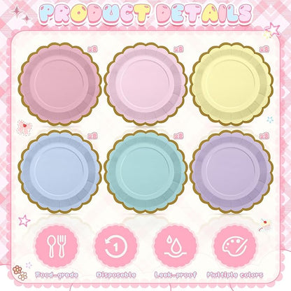 48 Pcs Pastel Rainbow Paper Plates 9 Inch Gradient Color Scalloped Paper Disposable Dinner Dessert Plates for easter Birthday Wedding Bridal Party Supplies, 6 Colors
