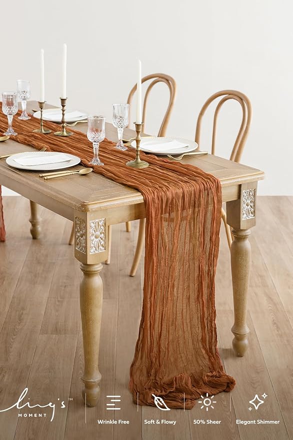 Ling's Moment Terracotta Cheesecloth Table Runner, 168 Inch, Burnt Orange | 14FT - Image 2