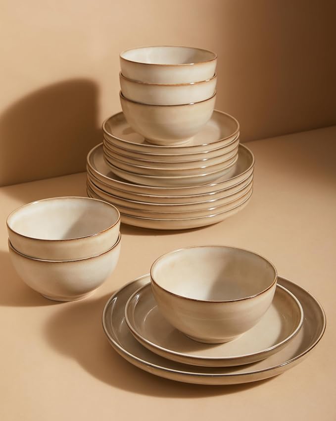 Stoneware Dinnerware Sets for 6, 18 Pieces Ceramic Plates and Bowls Sets by Pokini