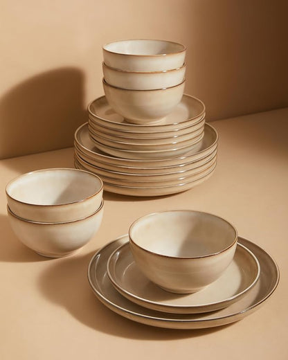 Stoneware Dinnerware Sets for 6, 18 Pieces Ceramic Plates and Bowls Sets by Pokini