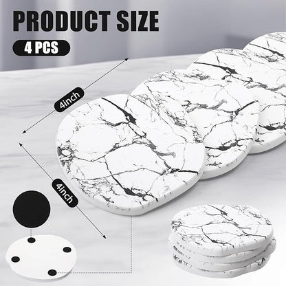 Diatomaceous Earth Coasters Set of 4，Cool Absorbent Quick-Dry Drink Coasters for Desks, Cute Modern Stone Design with Stylish White Aesthetic (4, Marble White)