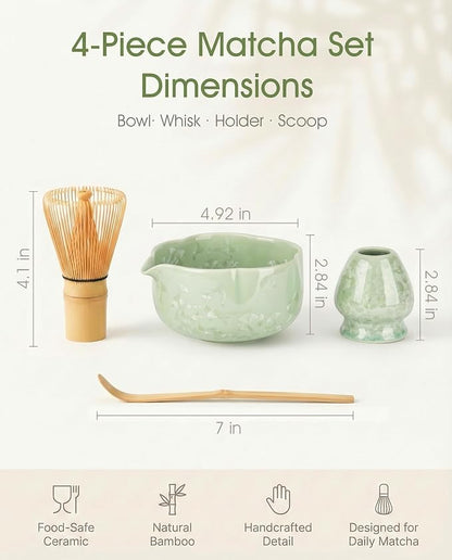 4-Piece Matcha Set, Crystal Glazed Bowl and Bamboo Whisk | Handcrafted Petal - Image 4