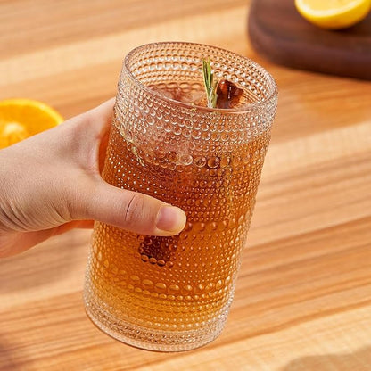 16oz Hobnail Drinking Glasses Set of 6, Vintage Large Capacity Embossed Clear Tumblers, Highball Glasses for Water, Cocktail, Beer, Whiskey, Juice & Bar Use